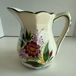 VTG RCCL Hand Painted Signed White Ceramic Pitcher Flowers Made in Portugal EUC